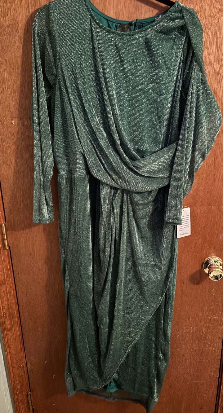 Love X Design Green Metallic Shimmer Long Sleeve Draped Midi Dress Size 16 NEW